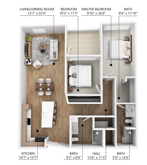 Floor plan for 2 beds, 2 baths, 1225 sqft